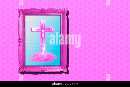 Vintage picture frame hanging on the wall with Jesus Christ crypto art in the frame illustration Stock Photo
