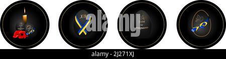 Round Easter illustrations. Black Easter eggs decorated with a Ukrainian ribbon and a quote in Ukrainian: Eternal memory to heroes, heroes do not die. Stock Vector