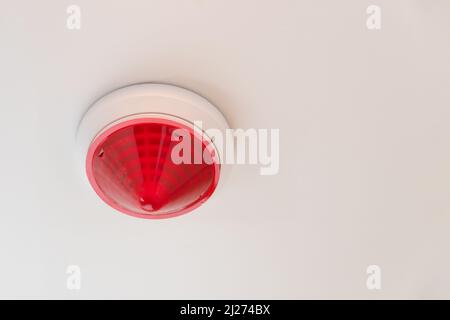 Red round smoke detectors on the ceiling for security and fire alarm systems, copy space Stock Photo