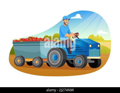 Farmers Loading apples on Tractor Trailer. Local Farm Grown Organic Food, Eco Friendly Seasonal Products. Stock Vector