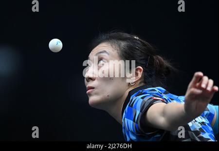 Doha, Qatar. 29th Mar, 2022. Han Ying of Germany serves during the women's singles round of 16 match against Manika Batra of India at the WTT Star Contender Doha 2022 in Doha, Qatar, March 29, 2022. Credit: Nikku/Xinhua/Alamy Live News Stock Photo