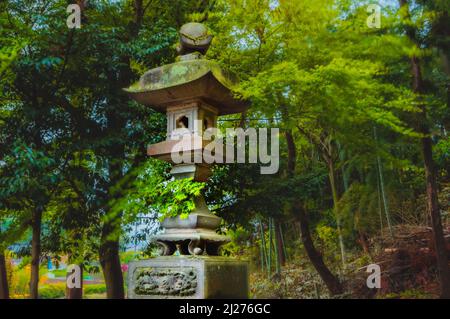 There are two tall stone lanterns on either side of the path leading to the shrine, with are about 2 meters tall each (approx. 6 1/2 feet tall). Stock Photo
