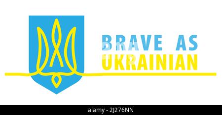 Emblem of Ukraine, coat of arms icon, sign with text Brave as Ukrainian. One continuous line art drawing vector illustration of Emblem of Ukraine Stock Vector