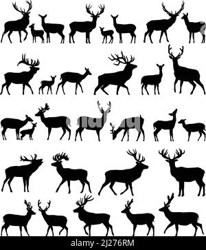 Collection of silhouettes of deers and its cubs Stock Vector