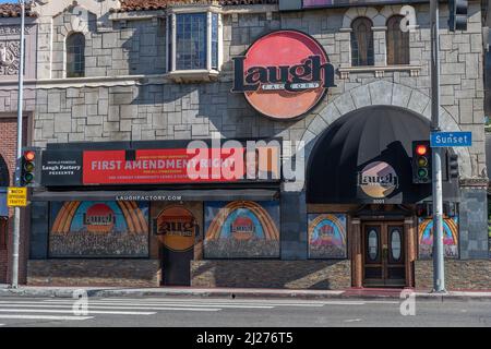 Los Angeles, CA, USA - March 28, 2022: Exterior of the Laugh Factory comedy club with its sign showing support for comedian Chris Rock. Stock Photo
