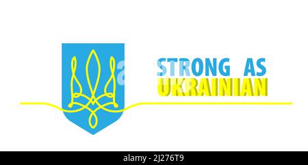 Emblem of Ukraine, coat of arms icon, sign with text Strong as Ukrainian. One continuous line art drawing vector illustration of Emblem of Ukraine Stock Vector