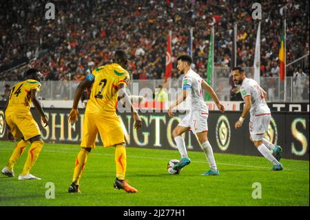 Tunis, Tunisia. 29th Mar, 2022. Tunis, Tunisia. 29 March 2022. Tunisia and Mali play against each other at the Hamadi Agrebi Olympic stadium in the city of Rades. Tunisia secured a place at the 2022 World Cup in Qatar despite a 0-0 draw at home with Mali, in the second leg of an African play-off (Credit Image: © Hasan Mrad/IMAGESLIVE via ZUMA Press Wire) Stock Photo