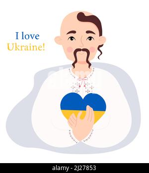 Cute Ukrainian male Cossack in traditional embroidered clothes and hairstyle holding yellow-blue heart in his hands. color of Ukrainian flag. Text in Stock Vector