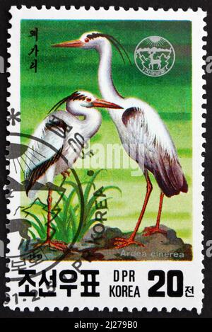 NORTH KOREA - CIRCA 1991: a stamp printed in North Korea shows Gray Herons, Ardea Cinerea, Wading Bird, circa 1991 Stock Photo