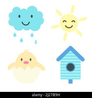 Set of spring elements. Smiling cloud, sun, baby bird in egg and birdhouse. Print for sticker pack, clothes, textile, seasonal design and decor Stock Vector