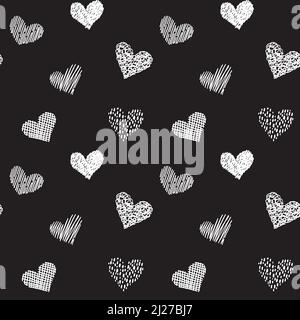 Seamless pattern with hand drawn hearts in doodle style. Black and white colors. Valentines day love and wedding texture background. Beautiful print Stock Vector