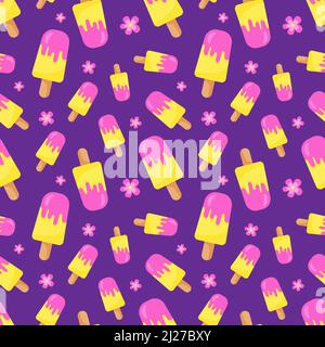Funny seamless pattern with colorful ice creams on stick. Yellow, pink and purple colors. Positive summer mood. Endless design. Print for textile Stock Vector