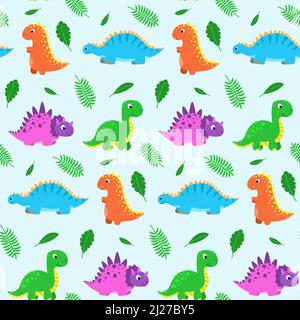 Seamless pattern with funny cartoon dinosaurs. Cute print for children clothes, textile, nursery room decor. Baby background for fabric, postcard Stock Vector