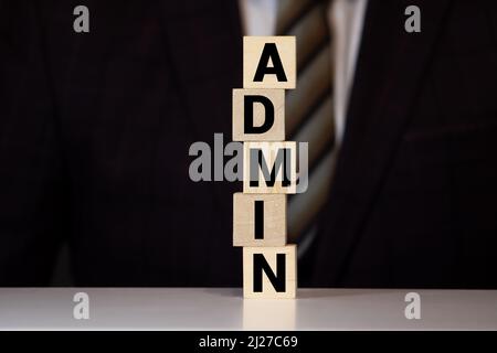 Admin login sign made of wood on a table. Stock Photo