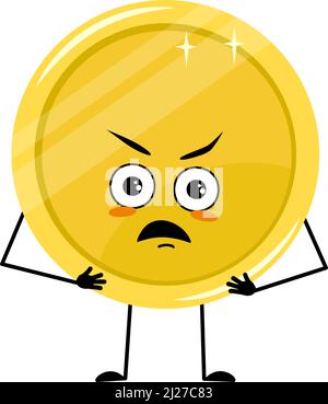Cute golden coin character with emotions of hero, brave face, arms and ...