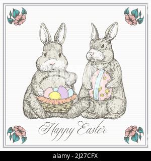 Easter Greeting Card with Hand Drawn Cute Bunnies Vector Illustration. Little Rabbits holding Basket Full of Eggs Abstract Sketch. Spring Holiday Stock Vector