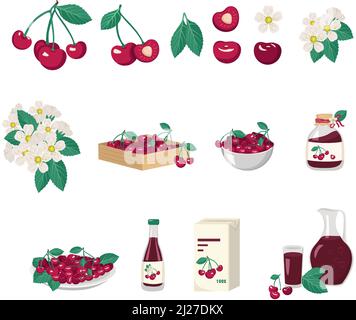 Set of red cherries, leaves, flowers and product from it. Berries in box, bowl and plate, jar of jam, packaging, bottle, glass and jug of juice. Vector flat illustration healthy sweet dessert Stock Vector