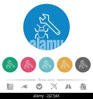 Bug fixing outline flat white icons on round color backgrounds. 6 bonus icons included. Stock Vector