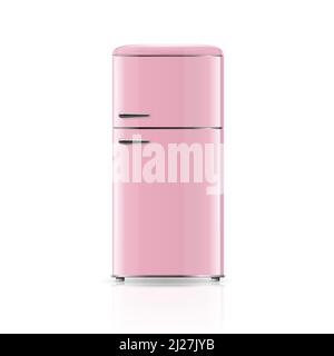 Vector 3d Realistic Pink Retro Vintage Fridge Icon Isolated on White. Vertical Refrigerator. Closed Fridge. Design Template, Mockup of Fridge. Front Stock Vector