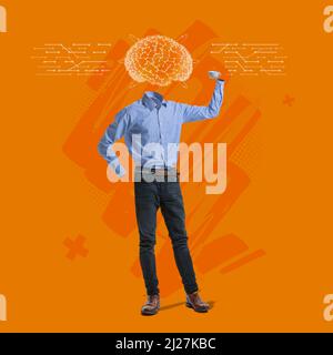 Contemporary art collage. Male body in official cloth with artificial brain scheme isolated over orange background Stock Photo