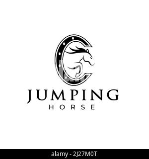 Jumping horse logo. Horse Event. Show Jumping Competition. Sport. Icons and design elements. Initial letter C. Monogram. Types of typographic logos. V Stock Vector