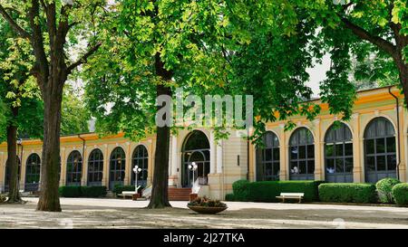 Spa town Bad Harzburg in the Harz mountains, Lower Saxony, Germany. Public park and historic architecture (foyer and pump room) in the town centre. Stock Photo