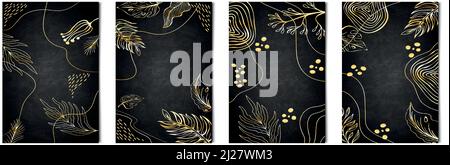 Set of 4 pcs. black abstract artistic backgrounds with gold lines texture for advertising, business cards and banners - Vector illustration Stock Vector