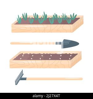 Sprouted plants and seeds in garden beds. Isolated on white background. Flat spring garden illustration Stock Vector