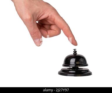 Man hand pressing call bell button isolated on white background. Ring for assistance in hotel, store, cafe, restaurant. High quality photo Stock Photo