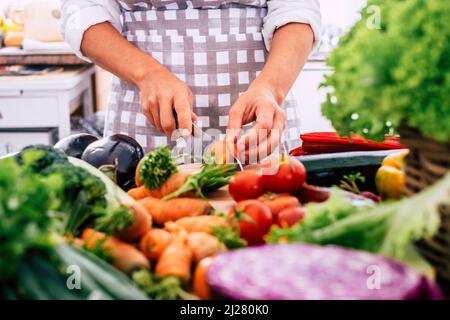 Close up of woman cutting fresh vegetables on the table. Chef at work in restaurant. Housewife preparing food for lunch at home. Lifestyle vitamin nut Stock Photo