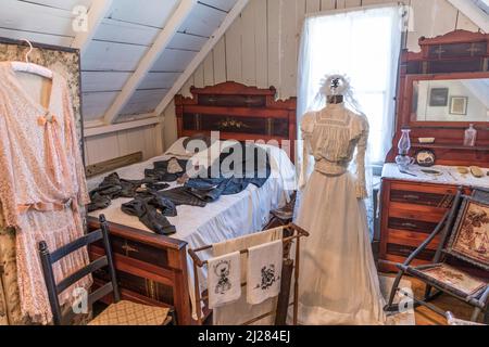Martha's VIineyard, USA - September 25, 2017:  inside the Carpenter Gothic Cottages with Victorian style, gingerbread trim on Lake Avenue, Oak Bluffs Stock Photo