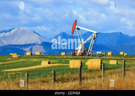 An oil and gas industry pumpjack drill rig in the Canadian Prairies with the Canadian Rockies in Alberta, Canada. Stock Photo