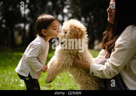 Mother and daughter enjoying and having fun with their dog outdoors. Stock Photo