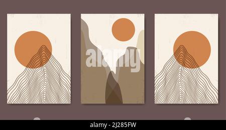 Abstract contemporary mountain landscape posters. Modern textured boho background set with mountains Stock Vector