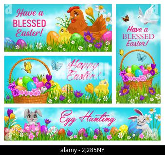Happy Easter vector chicken with chicks, rabbits, basket with decorated eggs on field with flowers and butterflies under cloudy sky. Blessed Easter holiday cards with cute animals cartoon banners set. Stock Vector
