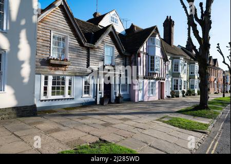 Listed buildings on the historic Causeway on a late winter afternoon in Horsham town centre, West Sussex, England, United Kingdom Stock Photo