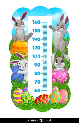 Kids height chart, Easter bunnies with eggs growth measure. Vector wall sticker meter for children height measurement with cute cartoon rabbits characters on green field with green grass and scale Stock Vector