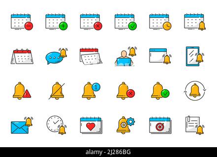 Color reminder, calendar, weekly planner and alarm, vector outline icons. Schedule reminder with clock and bell for agenda notes, web pictogram of month planner or target task with memo notification Stock Vector