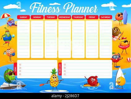 Weekly fitness planner agenda calendar schedule with cartoon fruits on summer vacation. Vector workout timetable, goal and to-do lists on sea beach background with mango, watermelon, peach characters Stock Vector