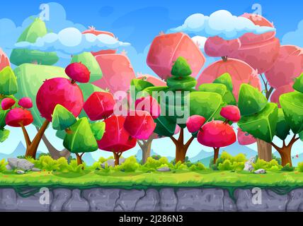 Cartoon fantasy game landscape scene with ground stones, forest trees and mountains vector background. Candy land fantastic magic alien world planet world landscape with fairytale trees and clouds Stock Vector