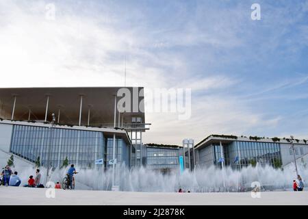 Building of SNFCC (Stavros Niarchos Foundation Cultural Center) located at Faliro, Athens, Greece. National Opera and Library. Architecture and people Stock Photo