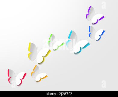Paper multicolor butterflies on a white background. Love and Valentine's day concept. Top view. Stock Photo