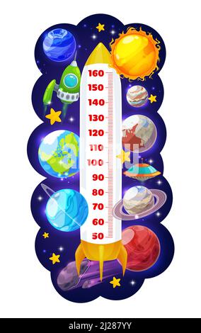 Kids height chart meter with space rocket, ships, planets, asteroid and Sun. Cartoon vector growth measure scale with shuttle take off in outer space. Wall sticker for height measurement with rocket Stock Vector