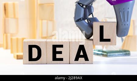 Alphabet letter block in word deal on wood background. Stock Photo