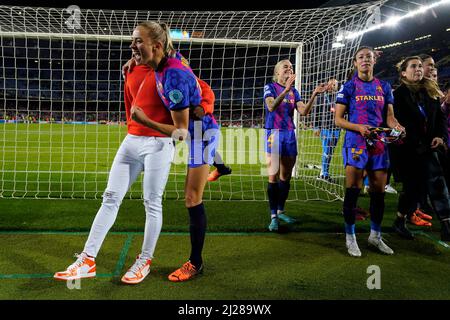 Barcelona, Spain. 30th Mar, 2022. Fridolina Rolfo of FC Barcelona celebrates the victory with his teammate Assist Oshoala during the UEFA Women's Champions League match between FC Barcelona v Real Madrid played at Camp Nou Stadium Stadium on March 30, 2022 in Barcelona, Spain. (Photo by Bagu Blanco/PRESSINPHOTO) Credit: PRESSINPHOTO SPORTS AGENCY/Alamy Live News Stock Photo