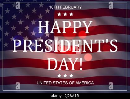 Happy presidents day poster, invitation or greeting card template. Washingtons birthday celebration, Unites States of America holiday banner with typography, USA national flag and sunbeam bokeh vector Stock Vector