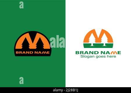 Pine M letter logo design concept. The letter M logo with a design concept of two pine trees in negative space. A modern and unique logo. Flat design. Stock Vector