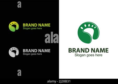 Abstract footprint leaf logo. Footprint logo in negative space with a leaf design concept packaged in a circle. Unique and modern logo. Flat design. Stock Vector