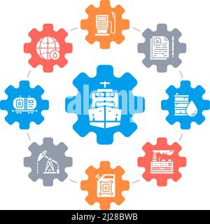 Oil industry modern icons in infographic circle. Fuel Truck, Engineer, Gasoline, Cargo Ship vector concept design. Stock Vector