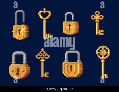 Game assets of golden keys and padlocks, pixel art 8bit door lock and key vector icons. 8 bit pixel game GUI assets of keys and locks for locker code access, entrance pass or level password unlock Stock Vector